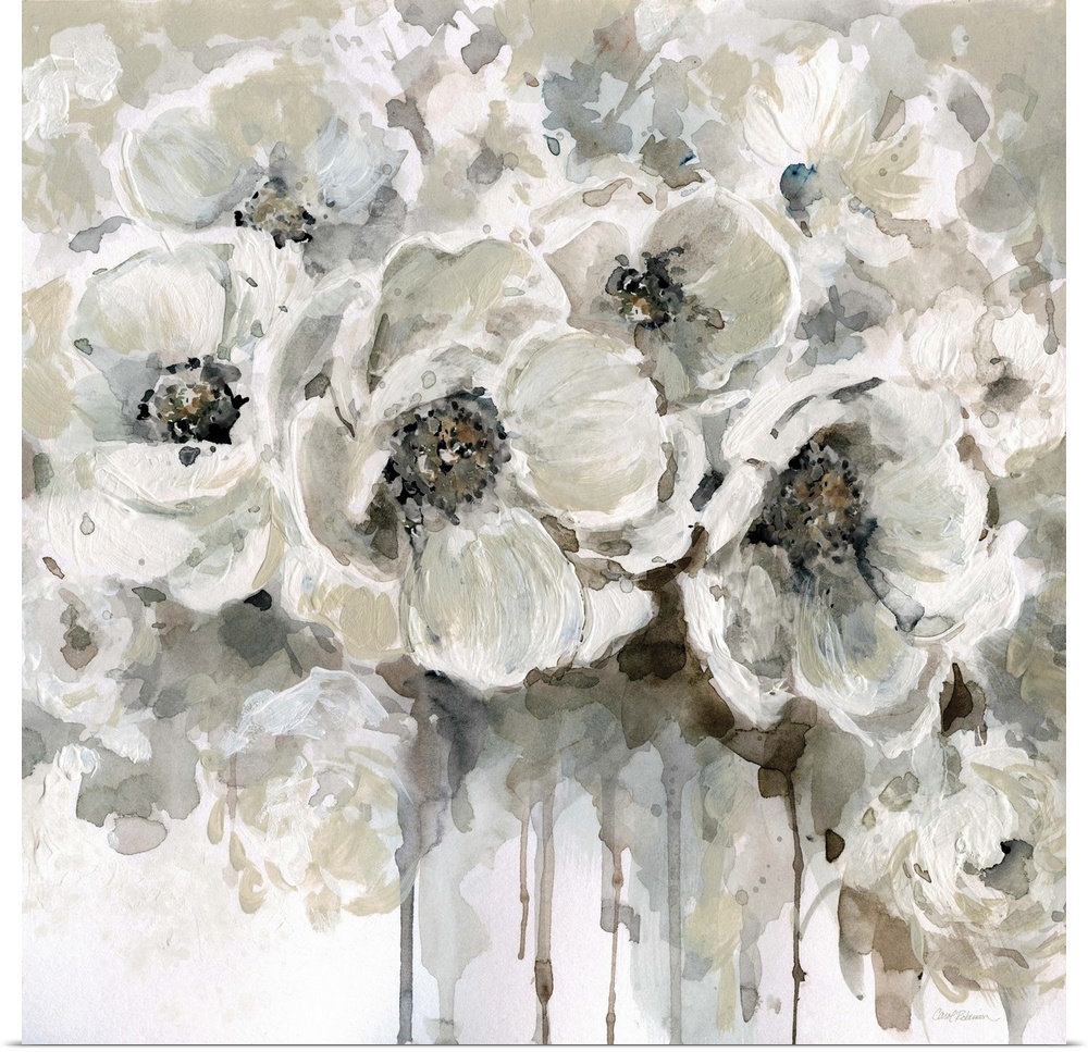 Square painting of a bouquet of white poppies with paint dripping down to the bottom.