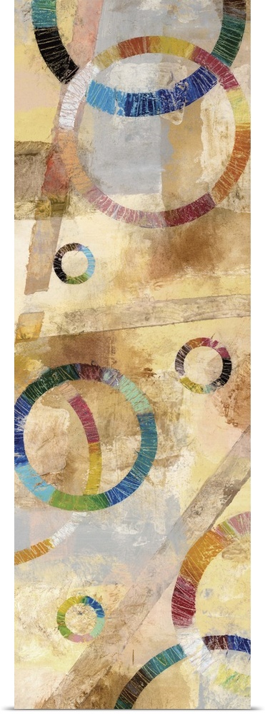 Large abstract painting created with rainbow circles and a background filled with neutral colors.