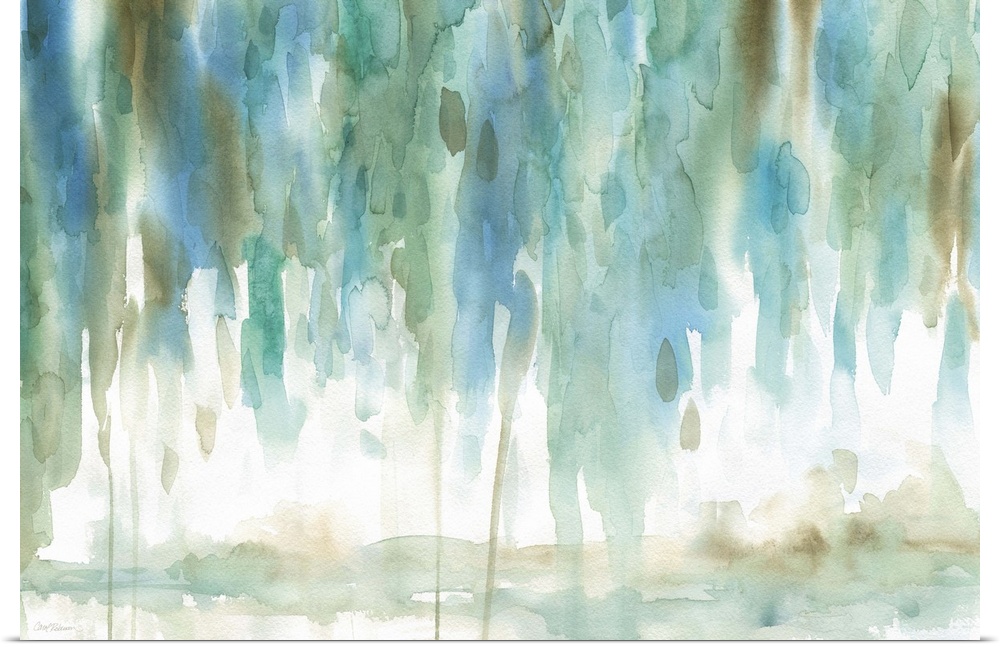 Contemporary abstract art in cool greens and turquoise, mimicking falling rain.