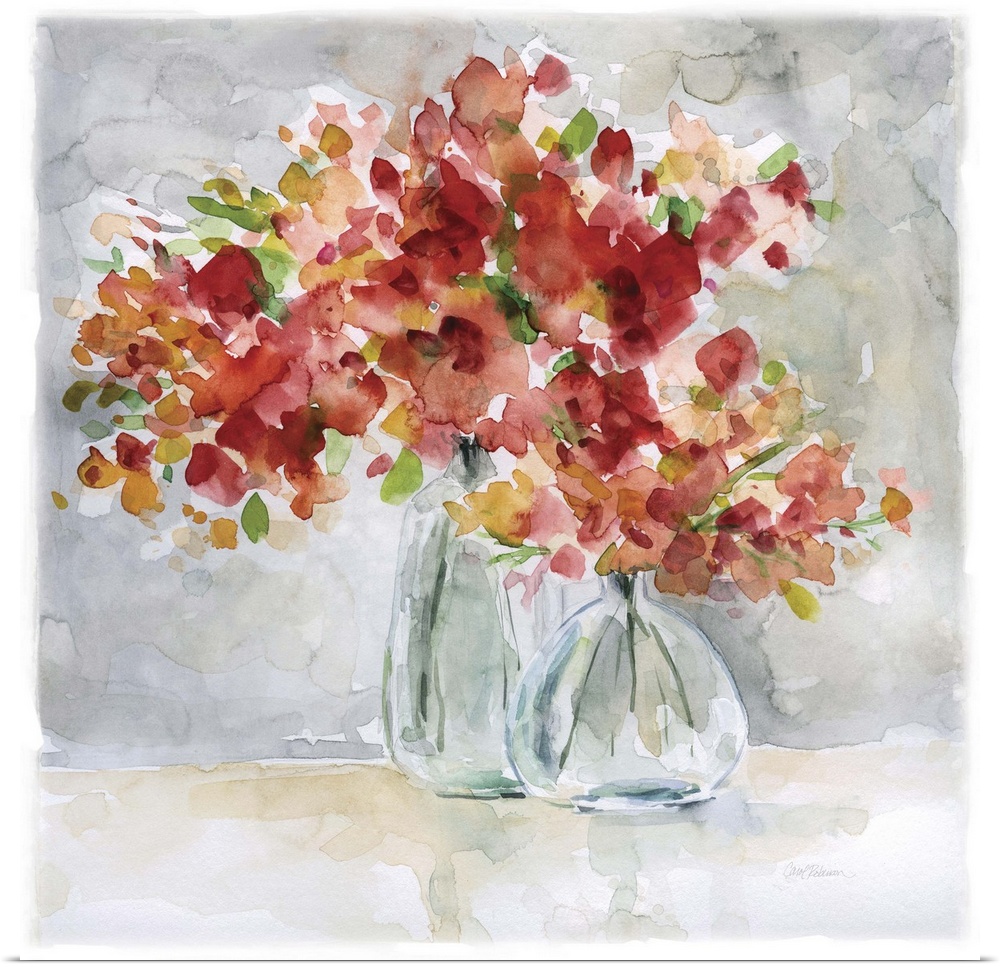 Beautiful square watercolor painting of red and orange flowers in glass vases on a gray and tan background.