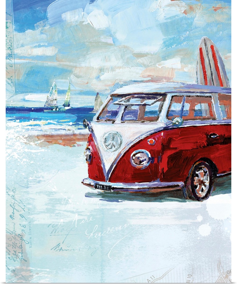 A painting of a Volkswagen van with expressive brushstrokes and subtle layers of map text and handwritten notes.