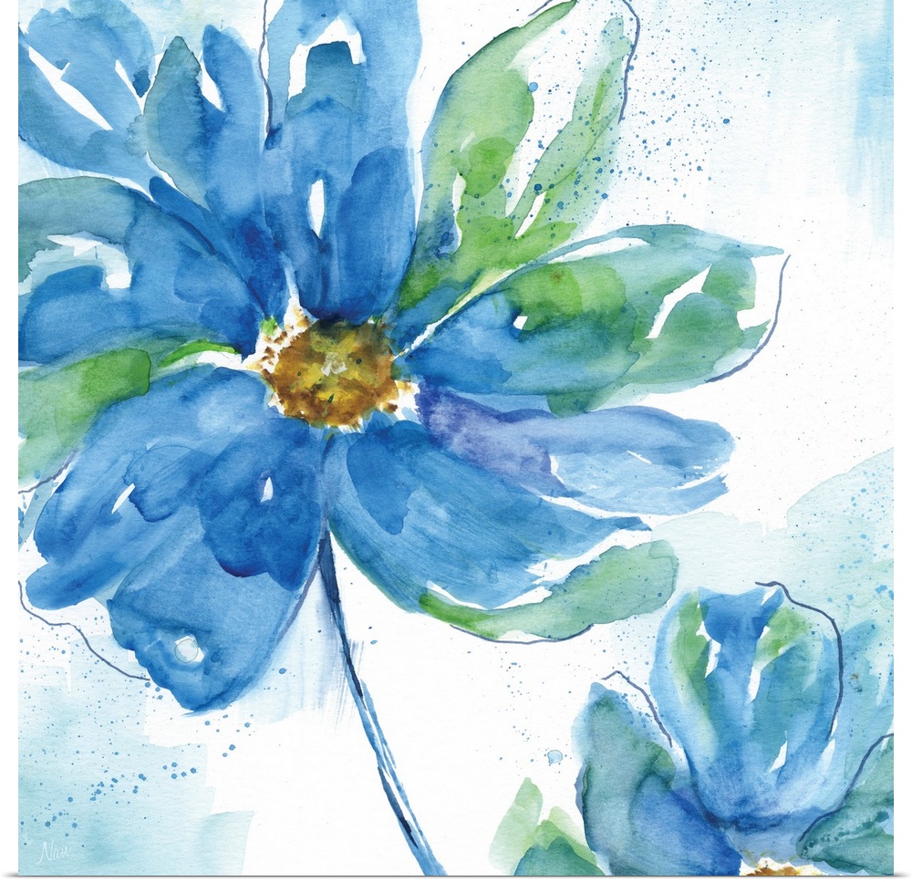 Square watercolor painting of two flowers made with blue and green hues.