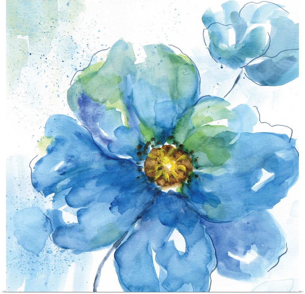 Square watercolor painting of two flowers made with blue and green hues.