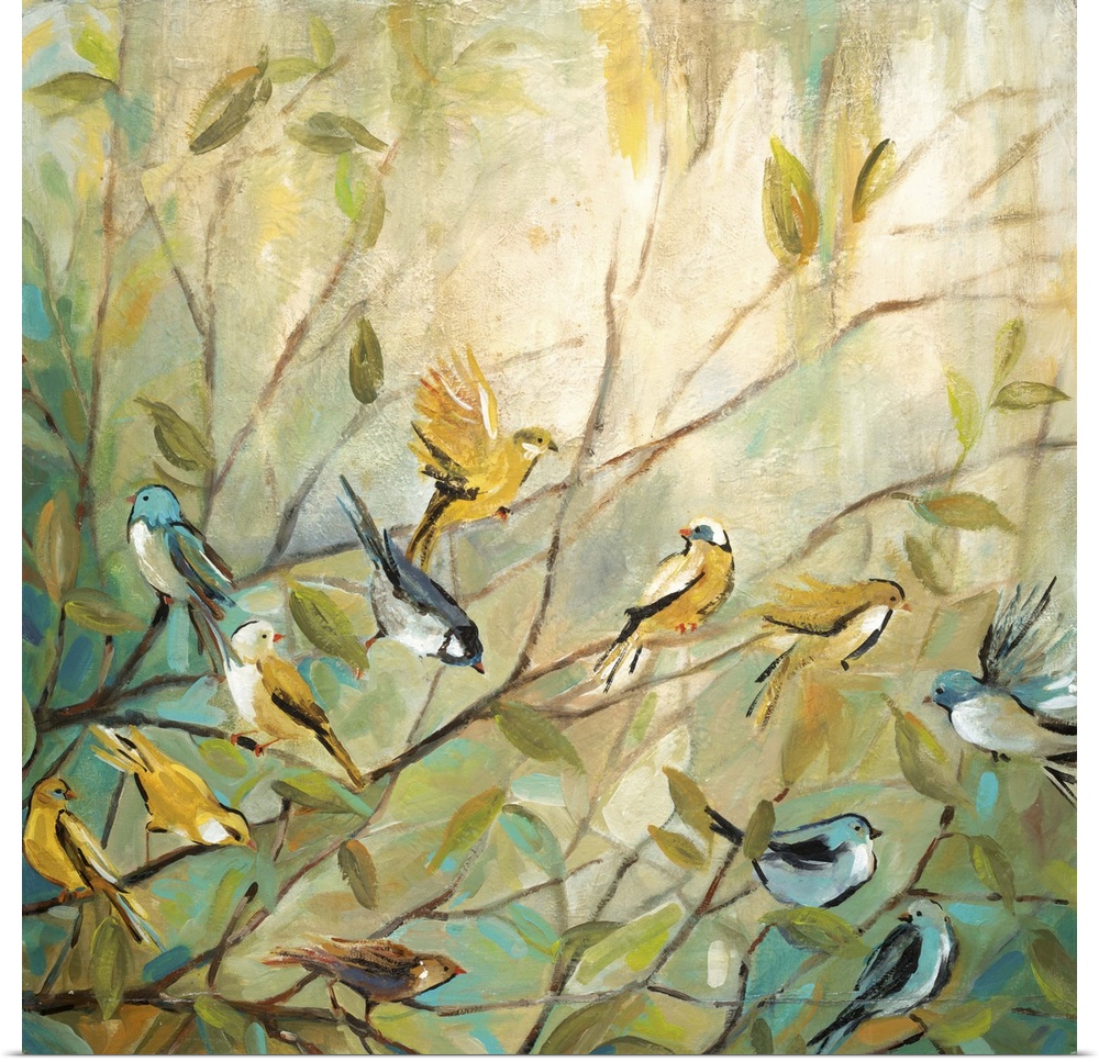 A contemporary painting with blue, yellow, and green hues of twelve birds sitting on small branches