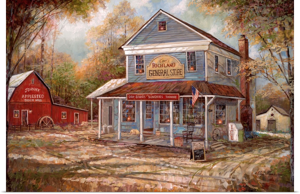 Contemporary painting of a countryside General Store and a Cider Mill in Autumn.
