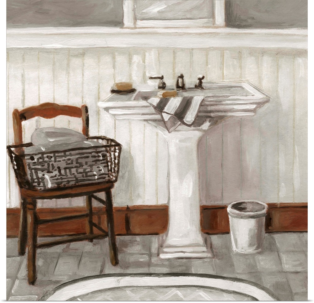 Square painting of a modern bathroom sink and chair with a basket of towels in neutral colors.