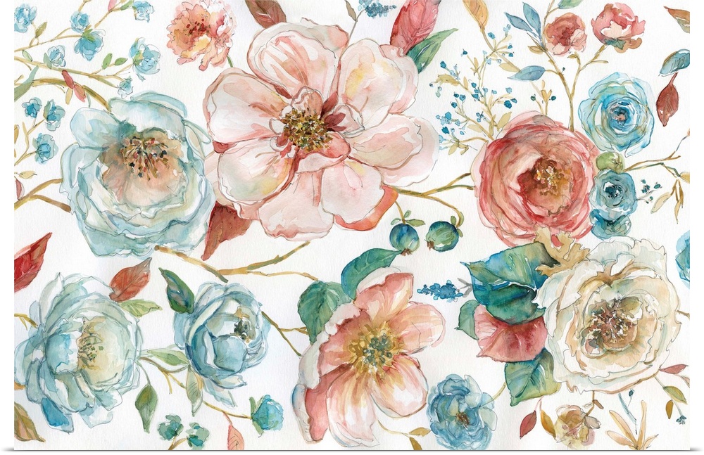 Large watercolor painting of flowers in pink and blue tones on a white background.