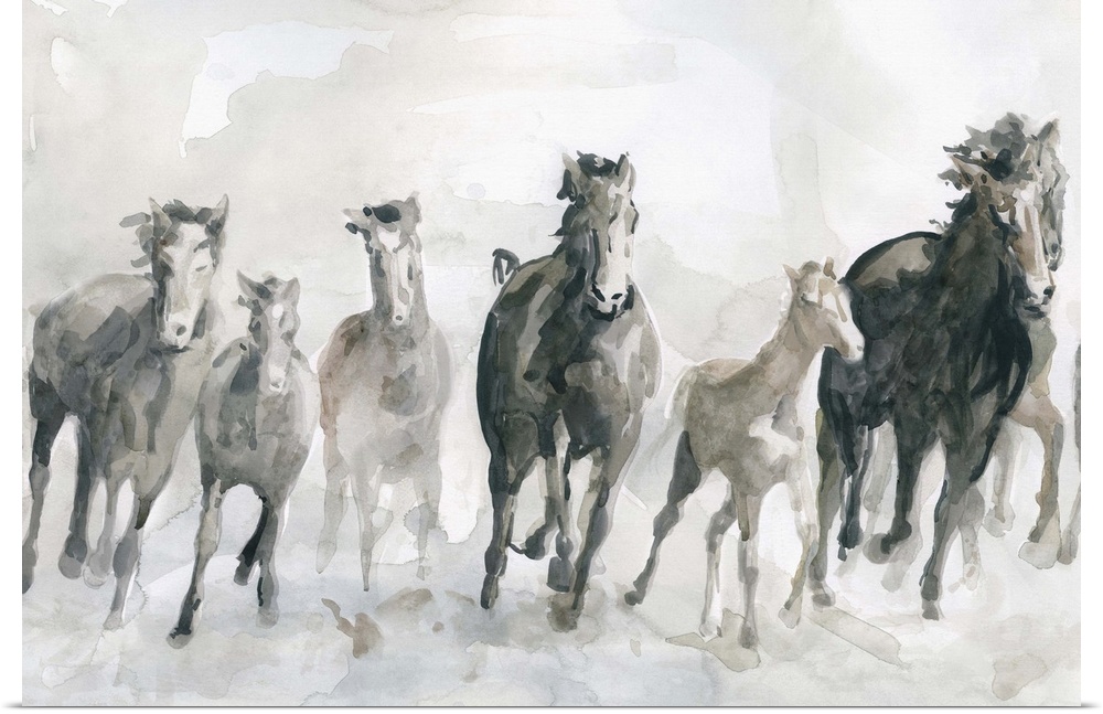 Watercolor painting of a pack of galloping horses in neutral tones with a hint of blue.