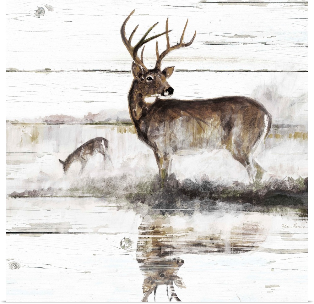 Square painting of a deer and a doe on a white distressed shiplap background.