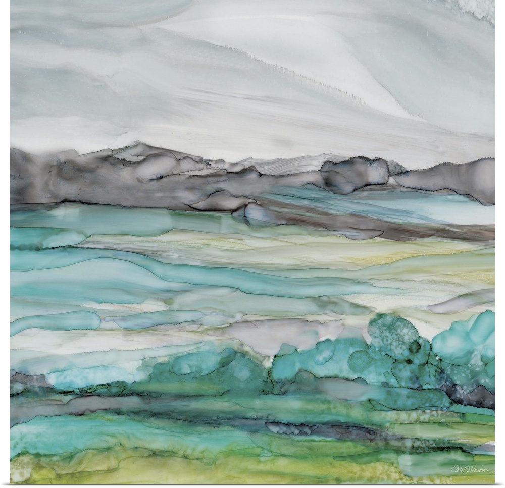 Square watercolor painting of a seascape in bright shades of blue and green with some contrasting black and grey hues.