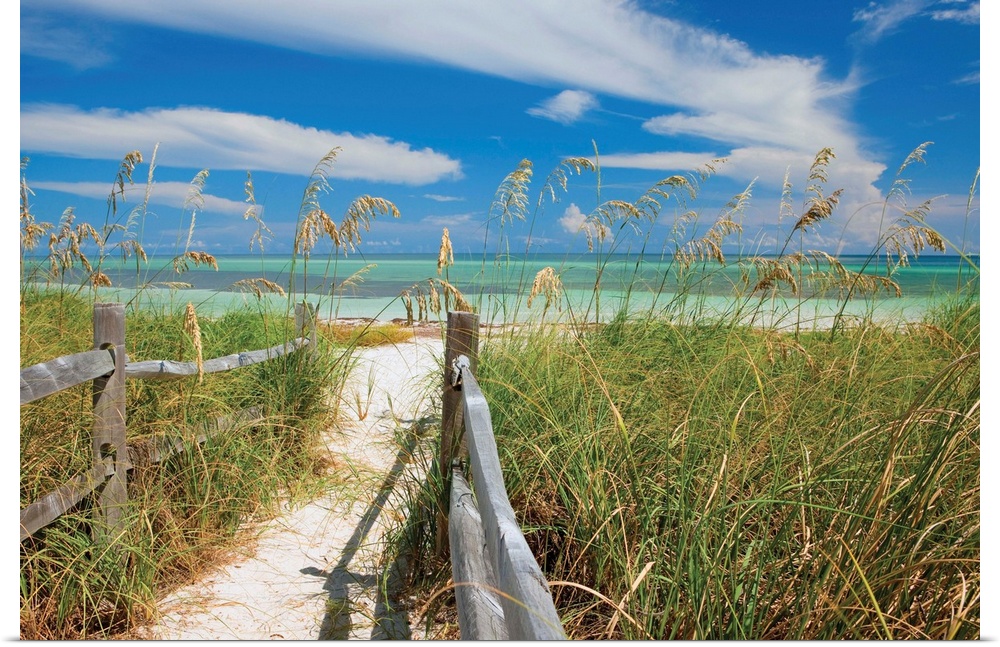 Photograph of a sandy path lined with a wooden fence and beach grass leading to a sandy beach with clear, teal waters and ...