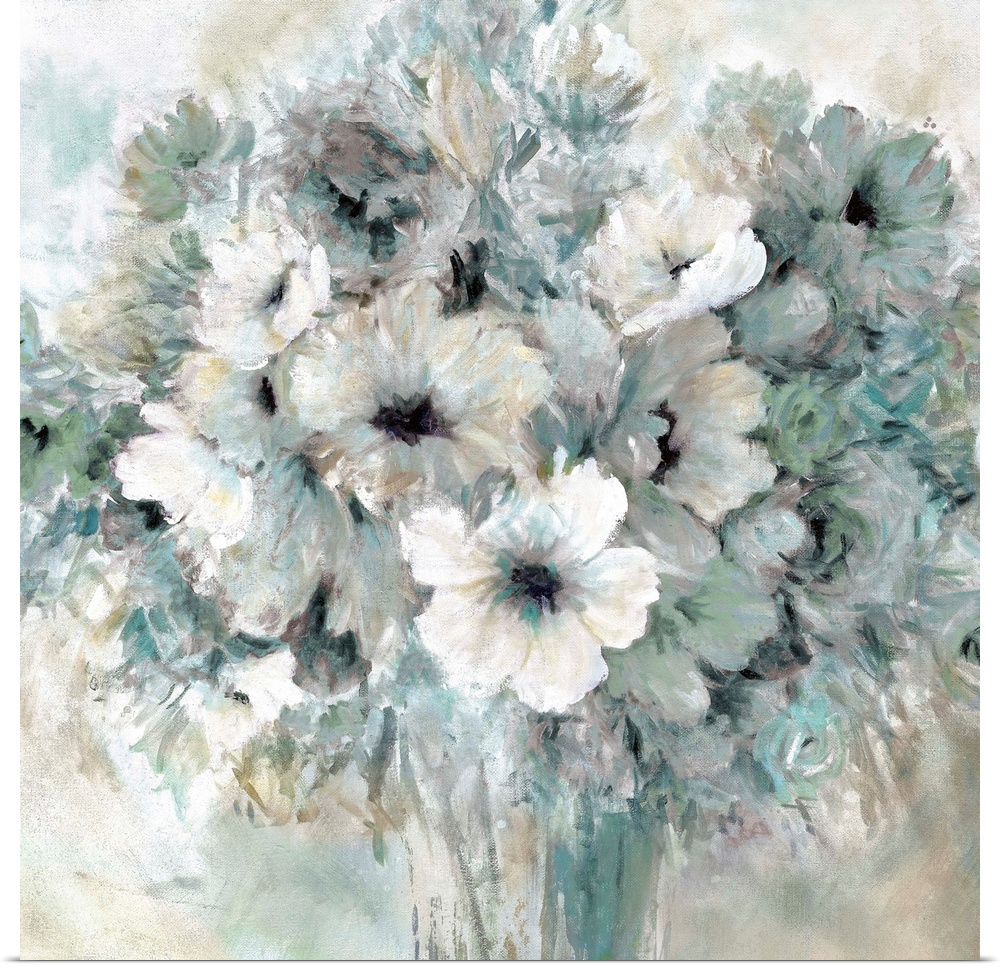 A contemporary still life painting of a bouquet of cool toned flowers in a vase.