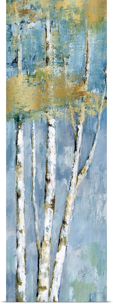 Tall panel painting of birch treed with metallic gold leaves and markings on a blue and green background.