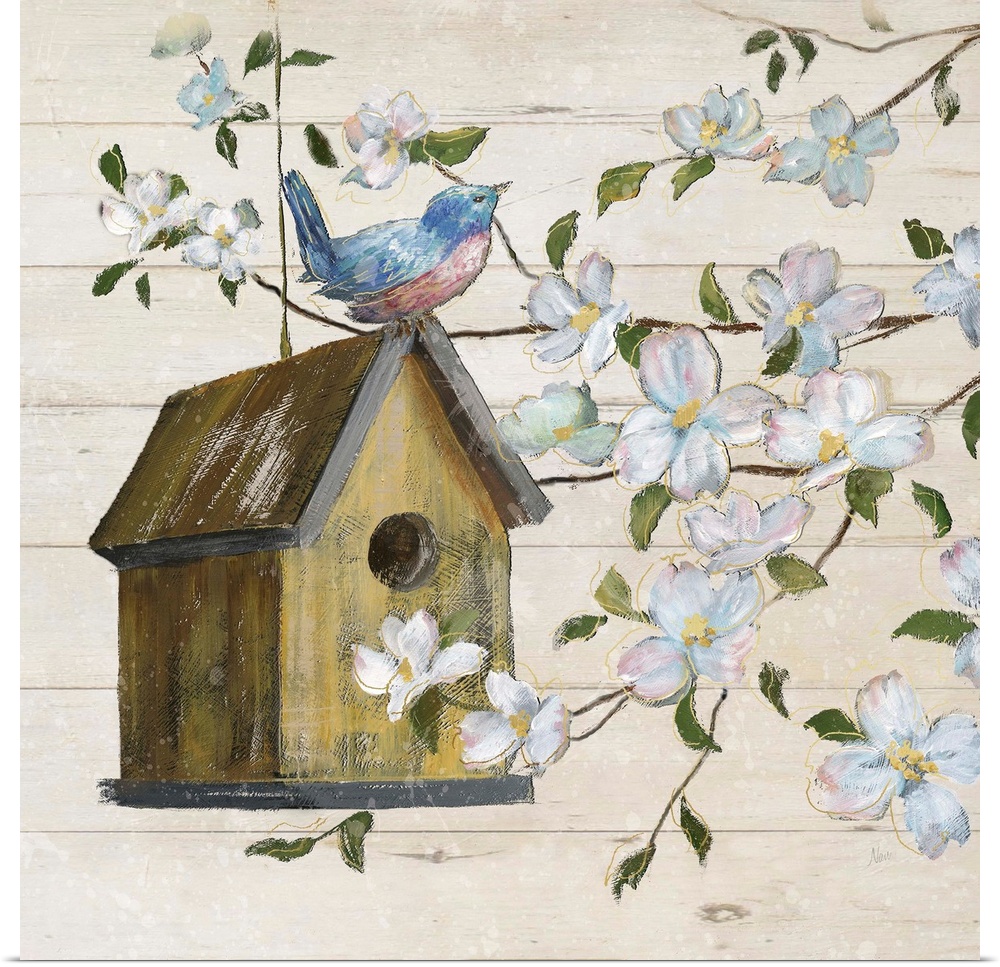 A painting of a birdhouse hanging from a tree with a bird perched on top, surrounded with white flowers on a shiplap backg...