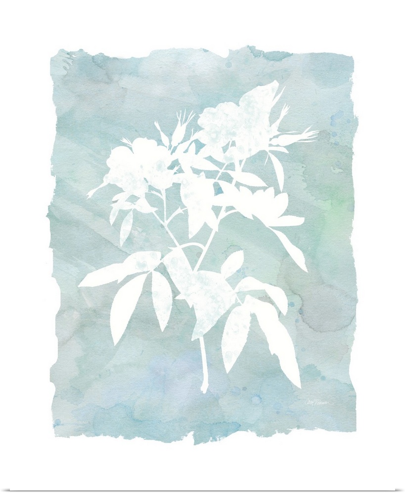 A watercolor painting with white silhouettes of flowers and a blue-green background.