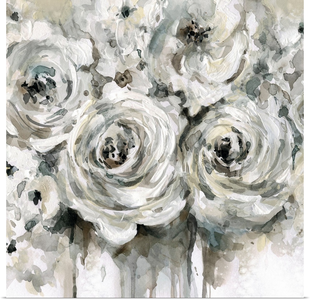 Square painting of a bouquet of flowers with white and neutral tones.