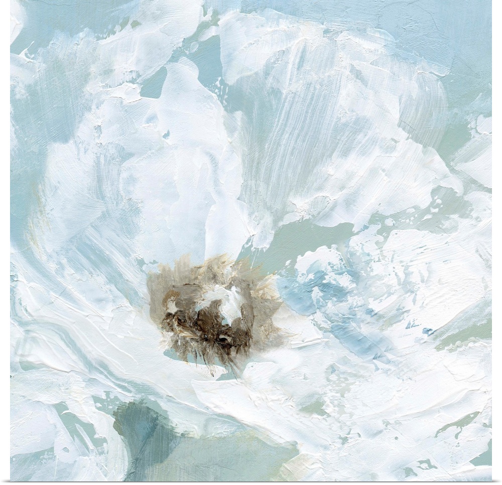 Contemporary painting of a close up view of a white poppy flower with a pale blue background.