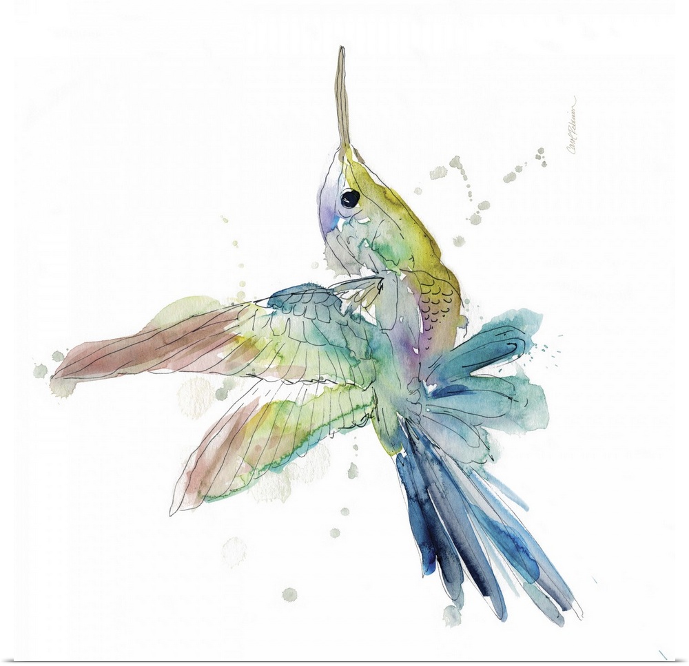 A watercolor painting of a colorful hummingbird.