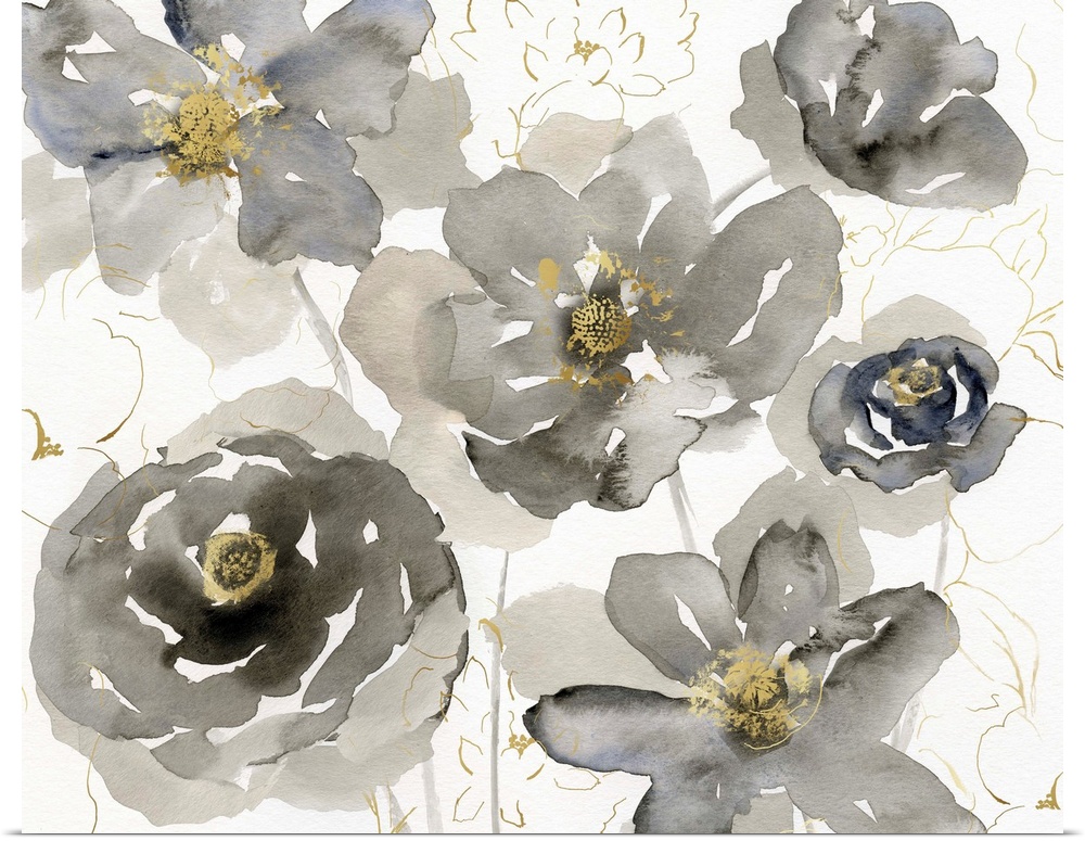 Watercolor artwork of flowers in shades of grey with yellow centers.