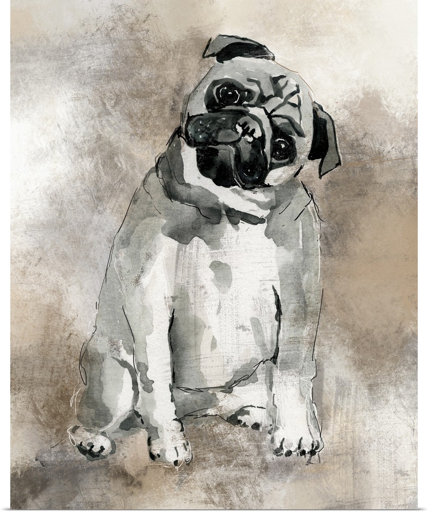 Watercolor painting of a cute pug in grey, black, and white tones on a mixed neutral colored background.