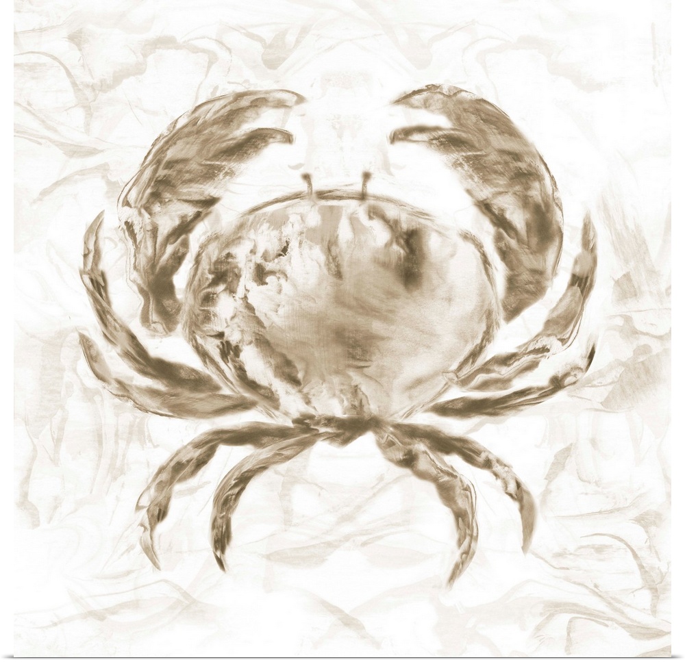Square beach themed painting of a crab in neutral brown tones with a marbled finish and background.