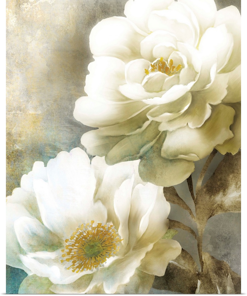Contemporary painting of two white poppy flowers with gold centers, stems, and leaves.