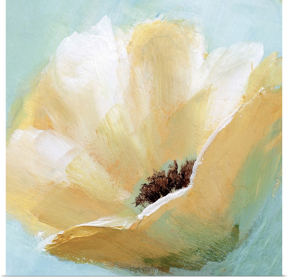 Square painting of a yellow flower with cream highlights on a light blue and green background.
