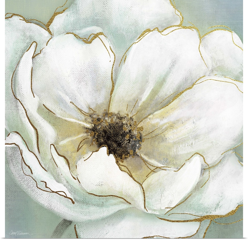 Contemporary square painting of a white flower with metallic gold highlights on a green-blue background.