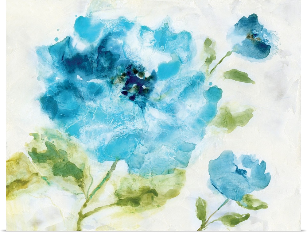 Abstract painting of blue flowers on a white background.