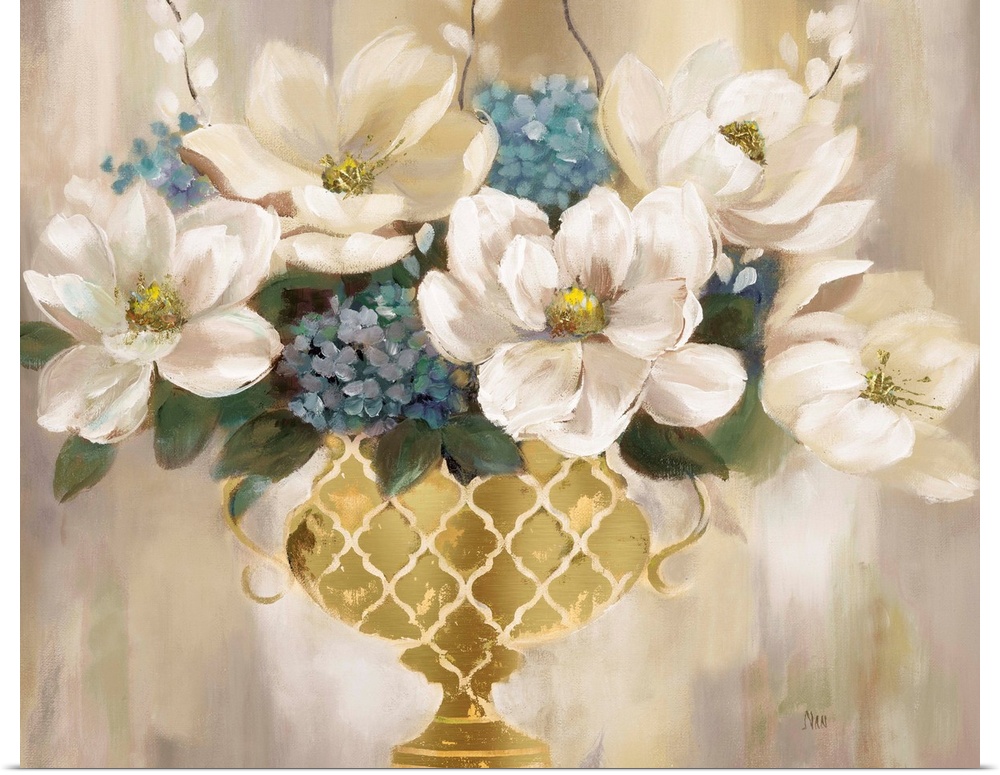 Contemporary painting of an urn full of white magnolias.