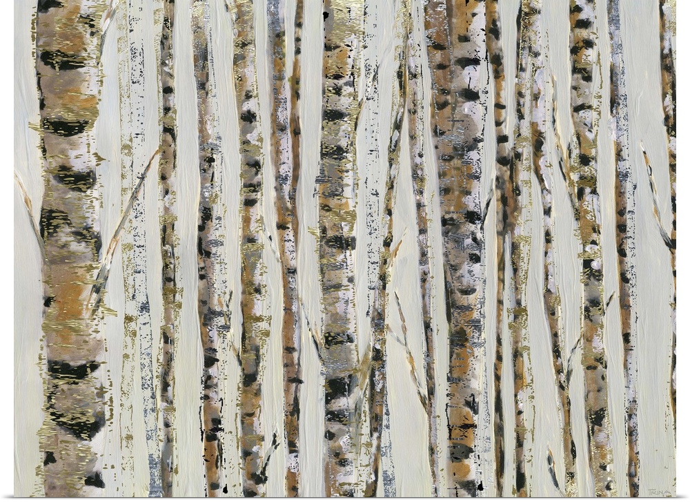 A contemporary abstract painting of Birch trees on a cream colored background and sparkly gold texture throughout.