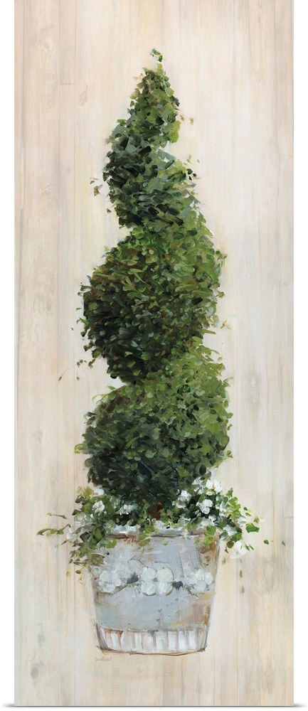 A contemporary still life painting of a spiral topiary with a wood grain background.
