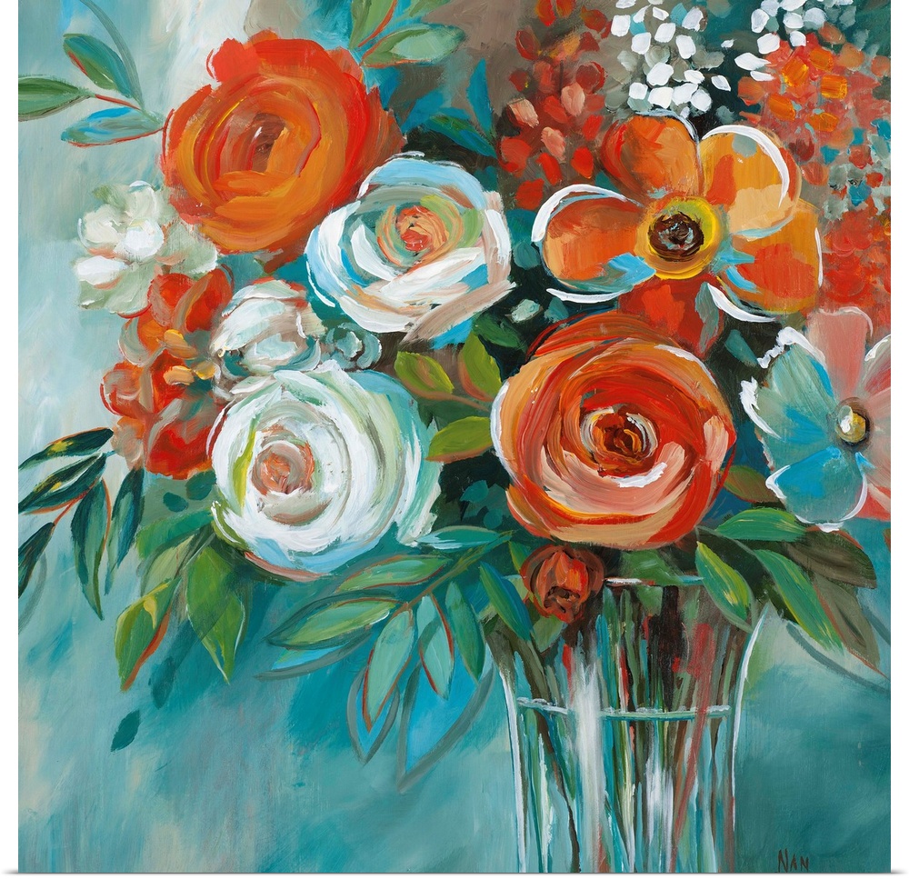 Contemporary painting of red flowers in a glass vase.