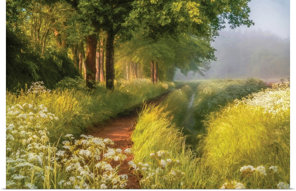 A photo with a semblance of a painting displays a hidden pathway in a meadow during spring.