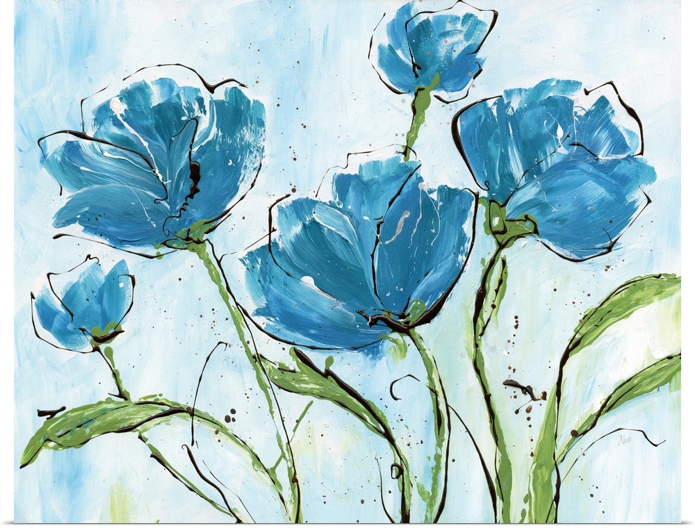 Large contemporary painting of blue poppy flowers with black outlines and green long leaves and stems on a light blue and ...
