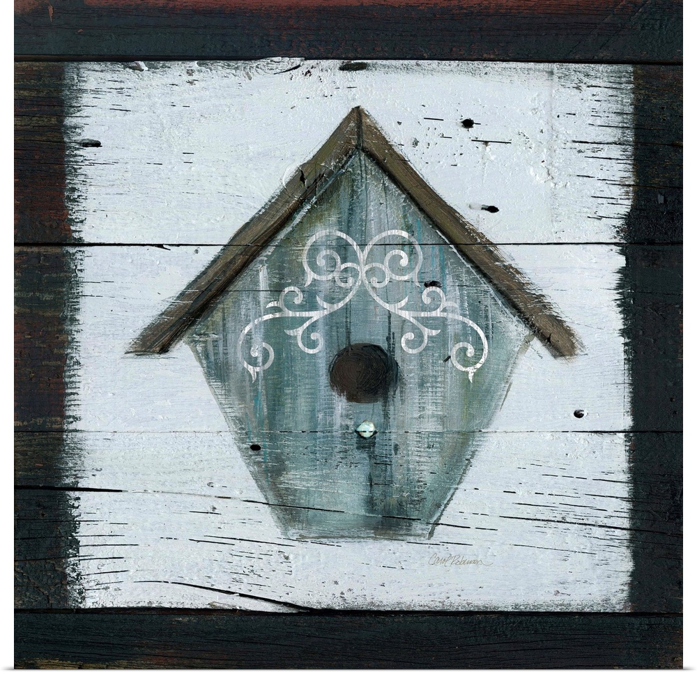 A wooden painting of a gray-blue bird house.