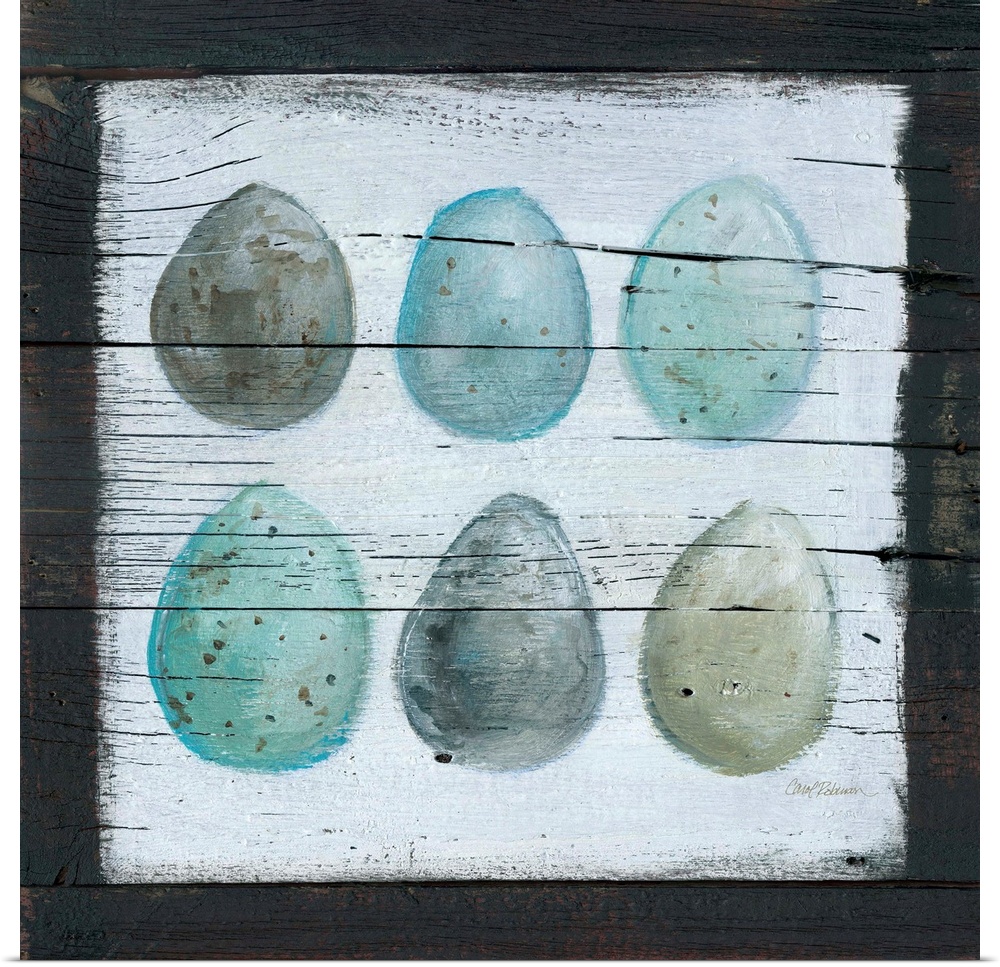 A wooden painting of six eggs using cool tones.