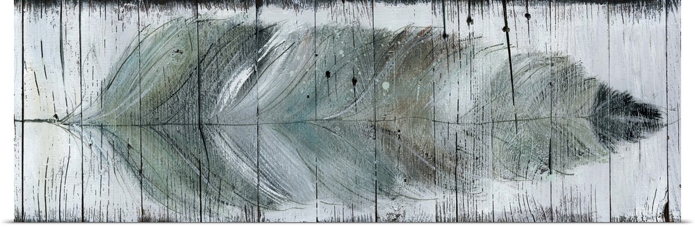 A horizontal painting of a cool tone, blue and gray feather with a white background and dark trim painted on wood.