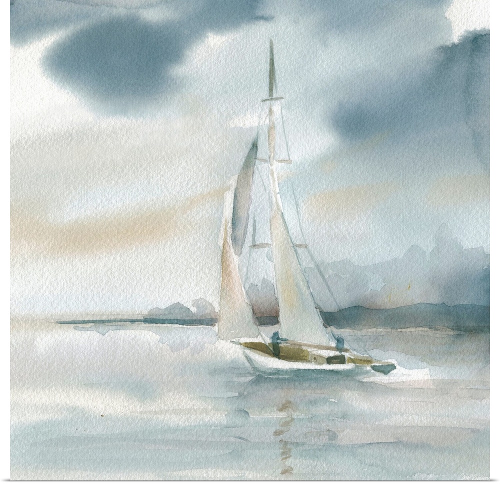 Square watercolor painting of a sailboat on the ocean in shades of blue and beige.