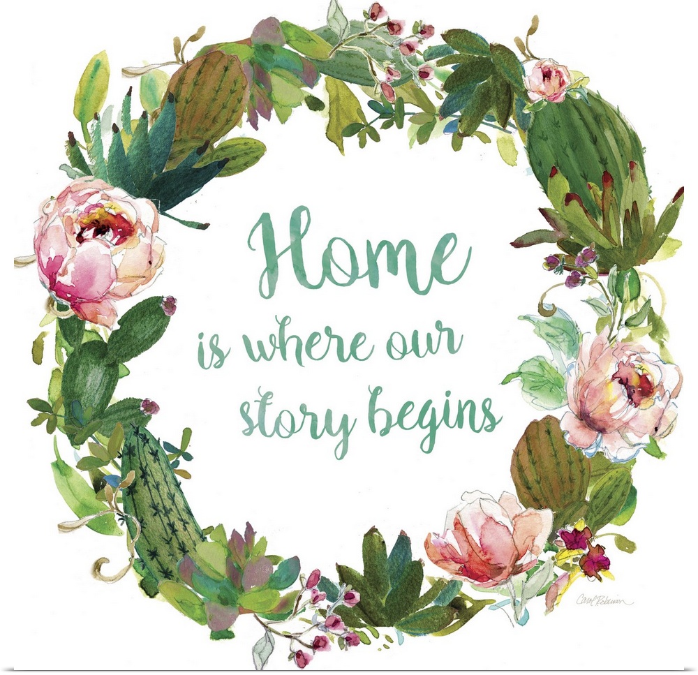 Square watercolor painting with a wreath made out of flowers and succulents and the phrase "Home is Where Our Story Begins...
