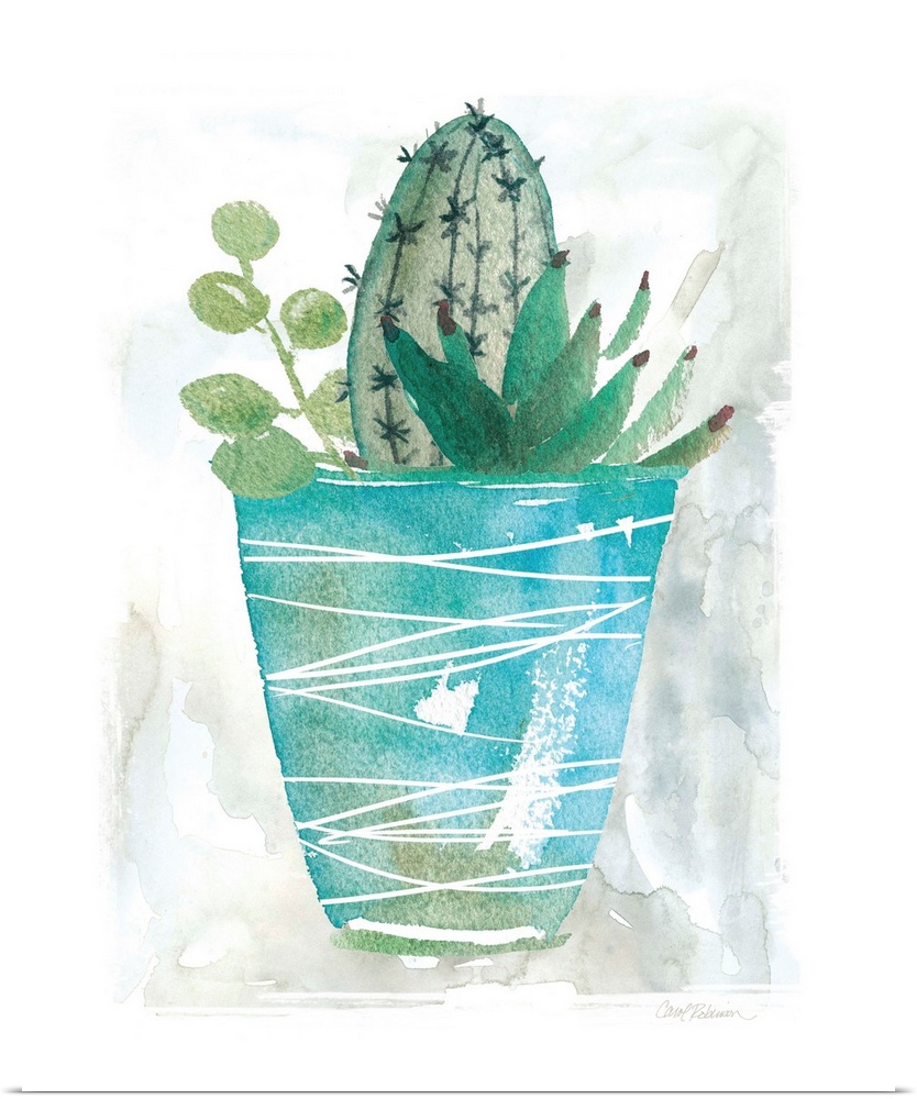 A watercolor painting of a cactus along with other succulents planted in a blue pot with white lined designs.