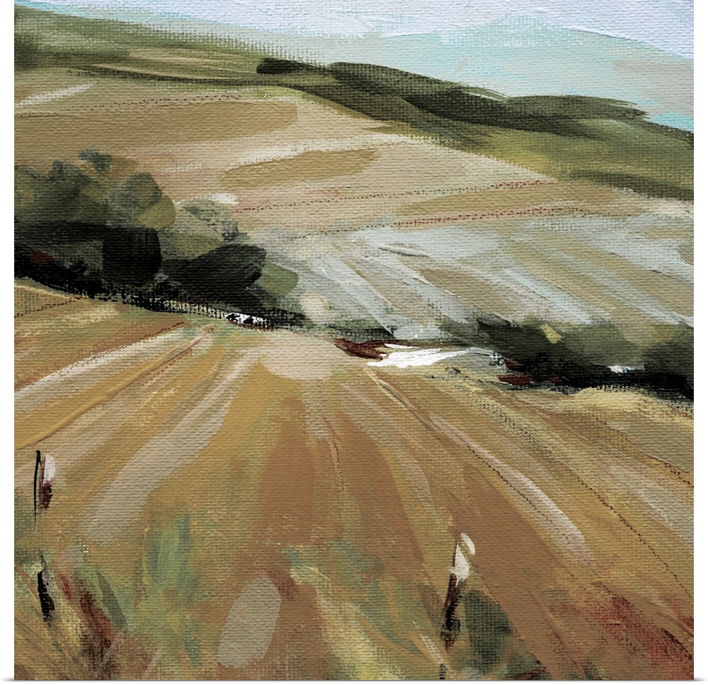 A painting of a pasture in the summer with green foliage created from broad brushstrokes.