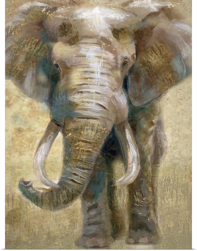 Contemporary painting of an elephant in gray, brown, white, and gold hues.