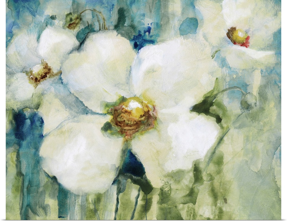 Contemporary painting of white flowers on an abstract blue and green background.