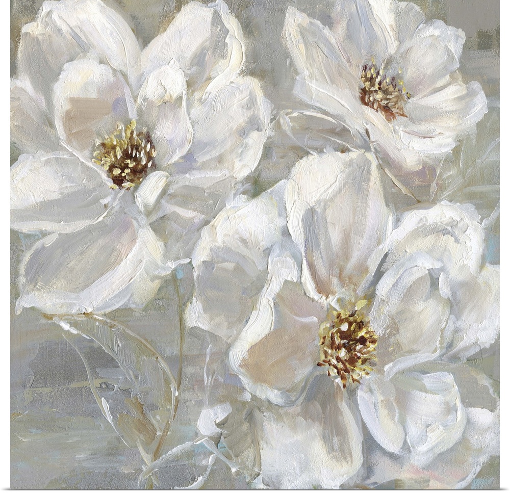 Square contemporary painting of three white flowers on a neutral colored background with light hints of purple and blue.