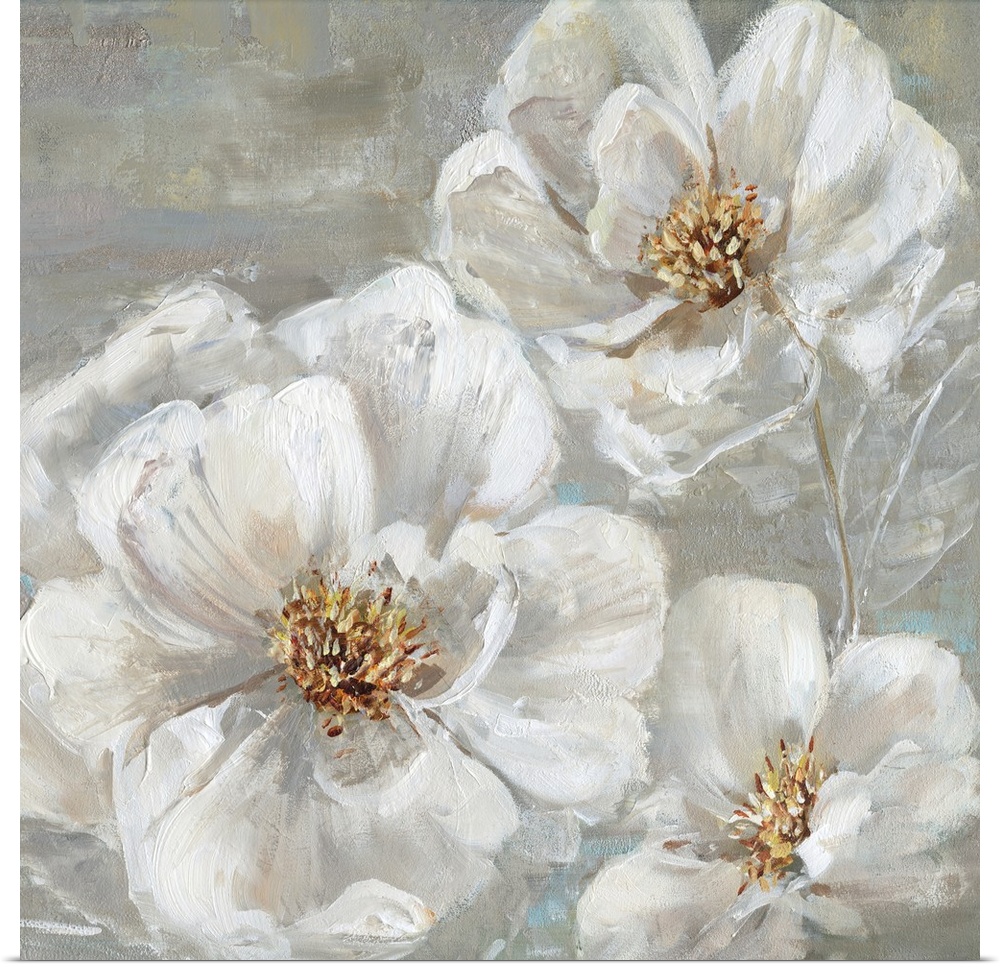 Square contemporary painting of three white flowers on a neutral colored background with light hints of blue.