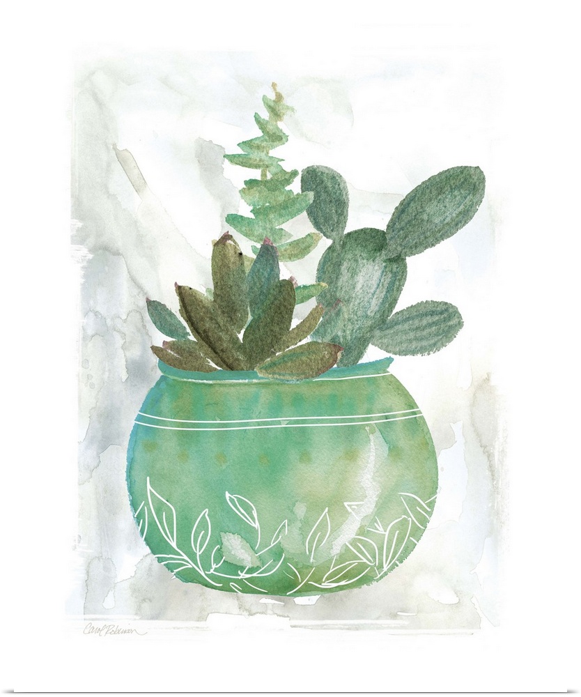 A watercolor painting of a cactus along with other succulents planted in a green and blue pot with white leaf designs.