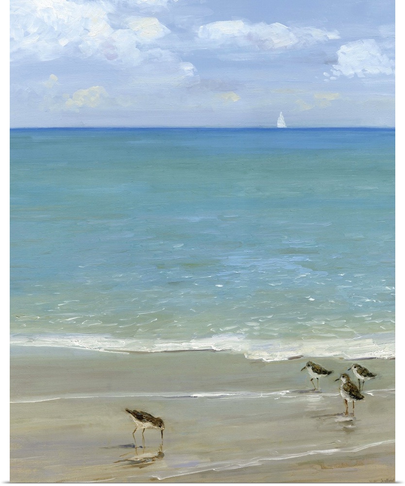 Contemporary painting of the seashore with seabirds in the foreground and a sailboat in the distance.