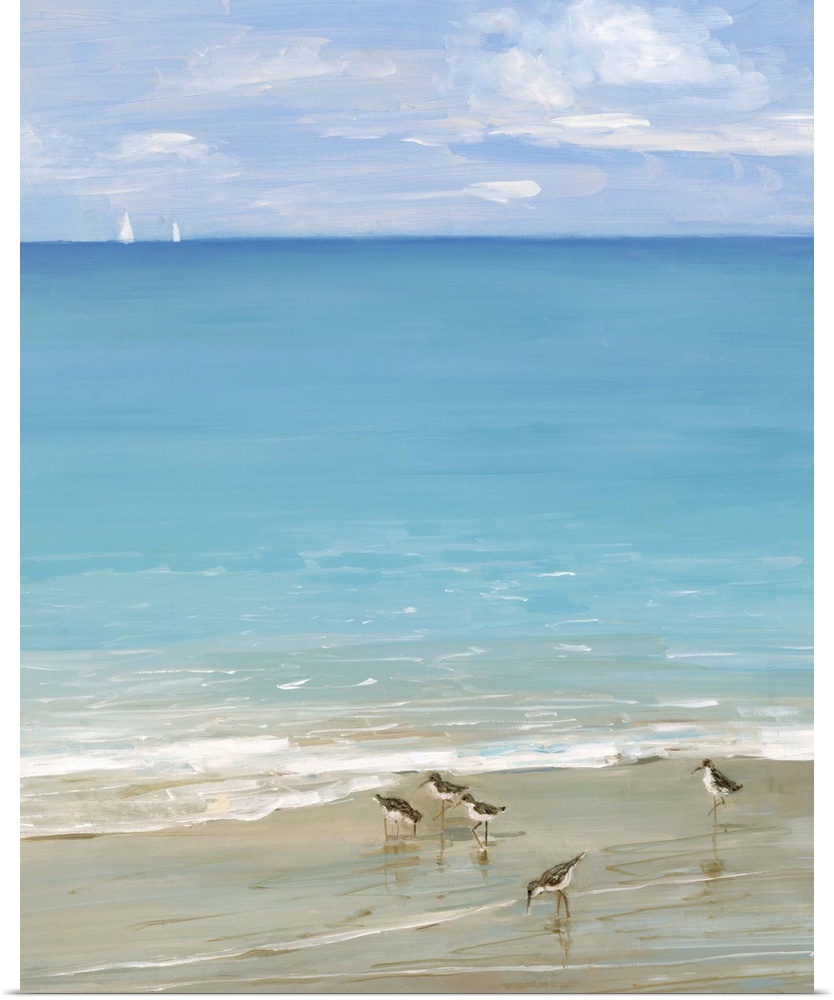 Contemporary painting of the seashore with seabirds in the foreground and two sailboats in the distance.
