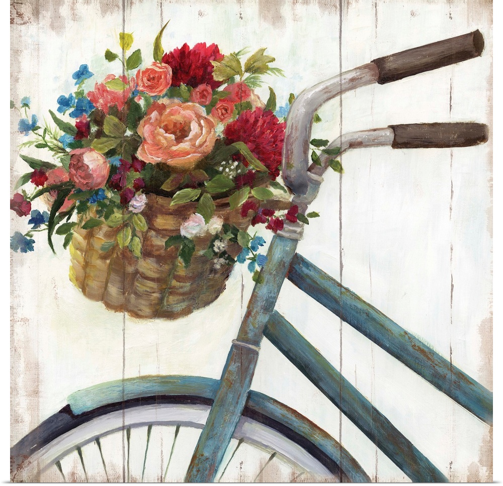 Square decor with a painted blue bicycle with a basket filled with freshly picked flowers, on a distressed faux wooden bac...